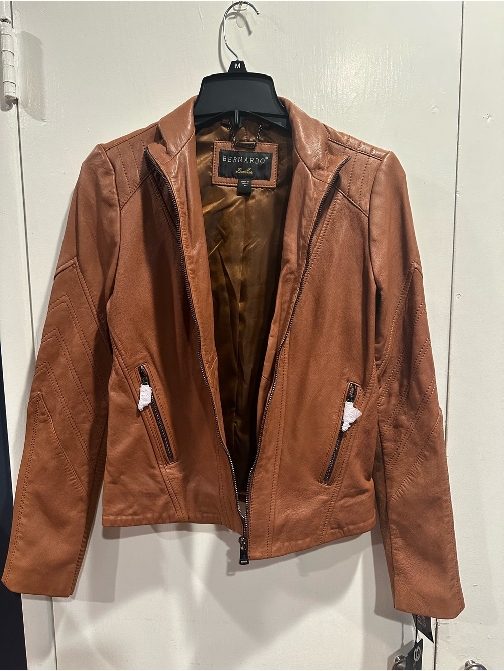 Bernardo Tan Leather Moto Jacket with Zip Pockets